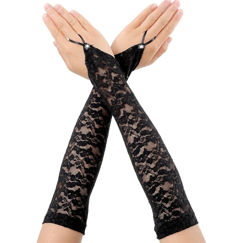 Women's Black Finger Loop Floral Satin Lace Long Length Gloves Wedding Parties